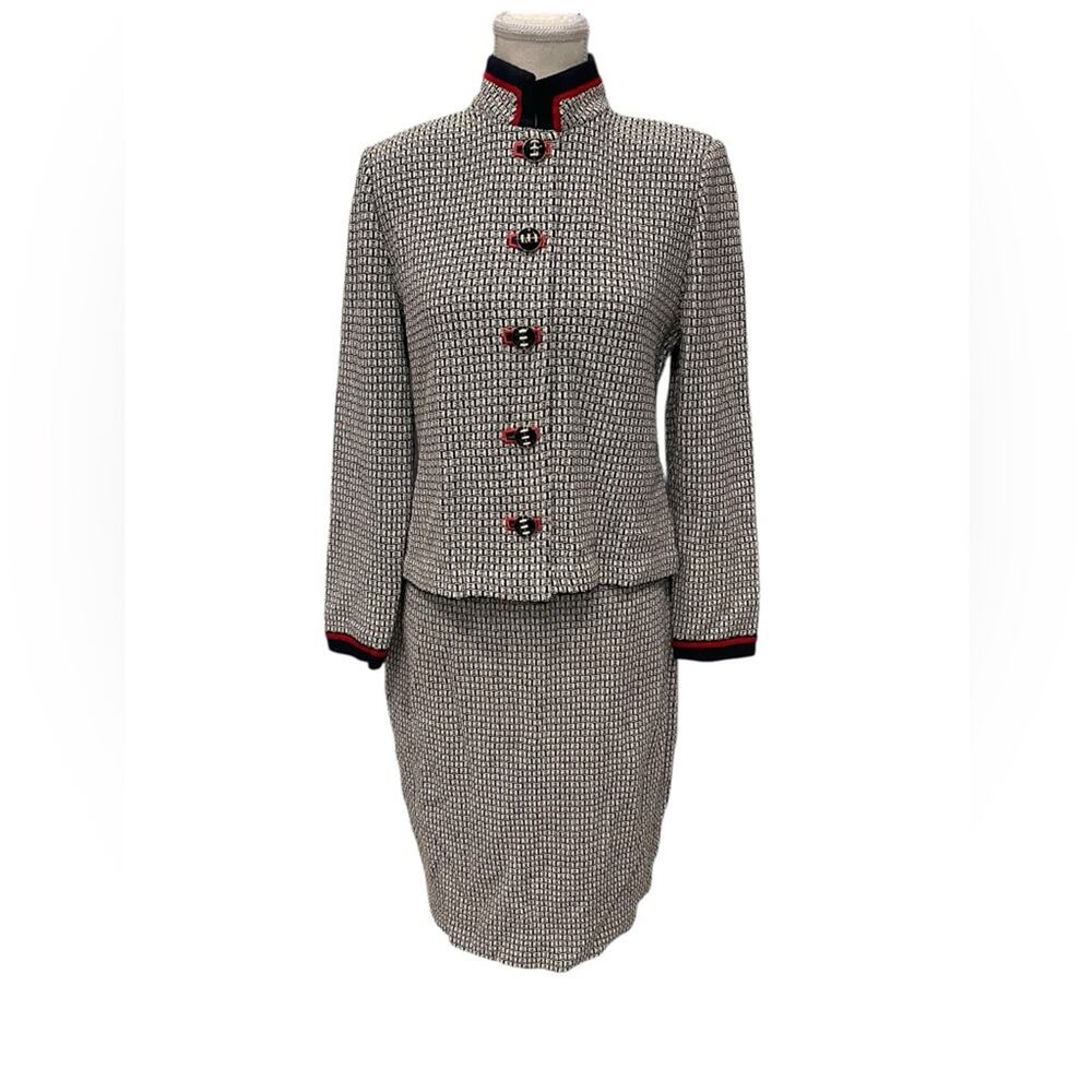 ST JOHN COLLECTION Knit Navy Blue Cream JACKET SKIRT  2pc Suit Skirt:8/Jacket:4